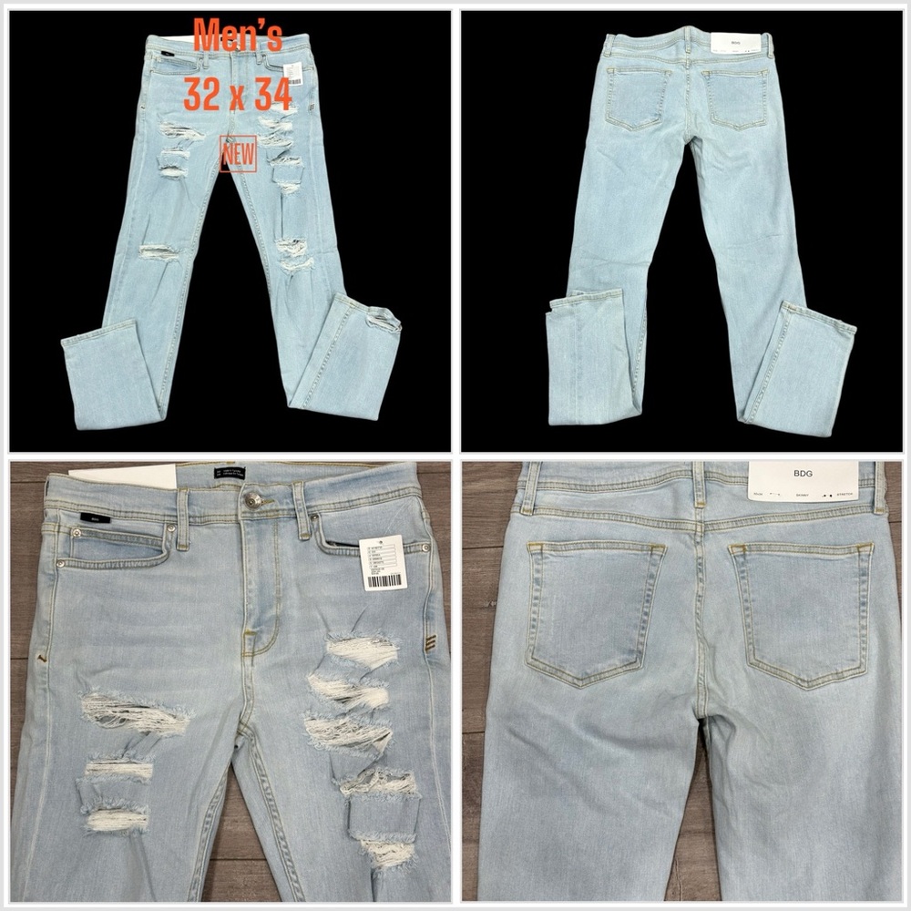 Men’s Urban Outfitters BDG 32 x 34 Jean Denim Destroyed Jeans Blue Stretch NWT